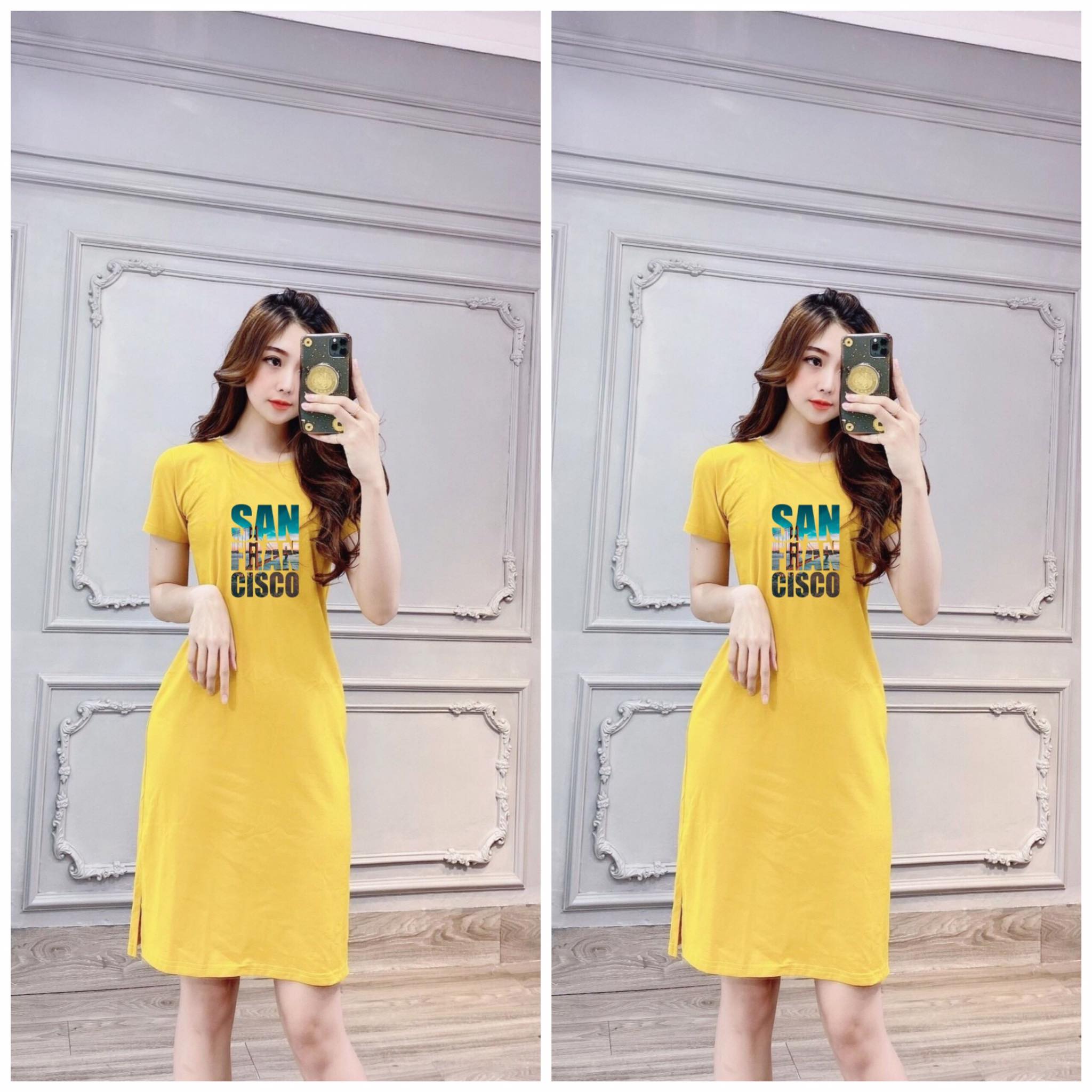 Váy thun nữ dáng suông xẻ tà cổ tròn in chữ Sanfrancisco từ 40-55kg ( D146 )