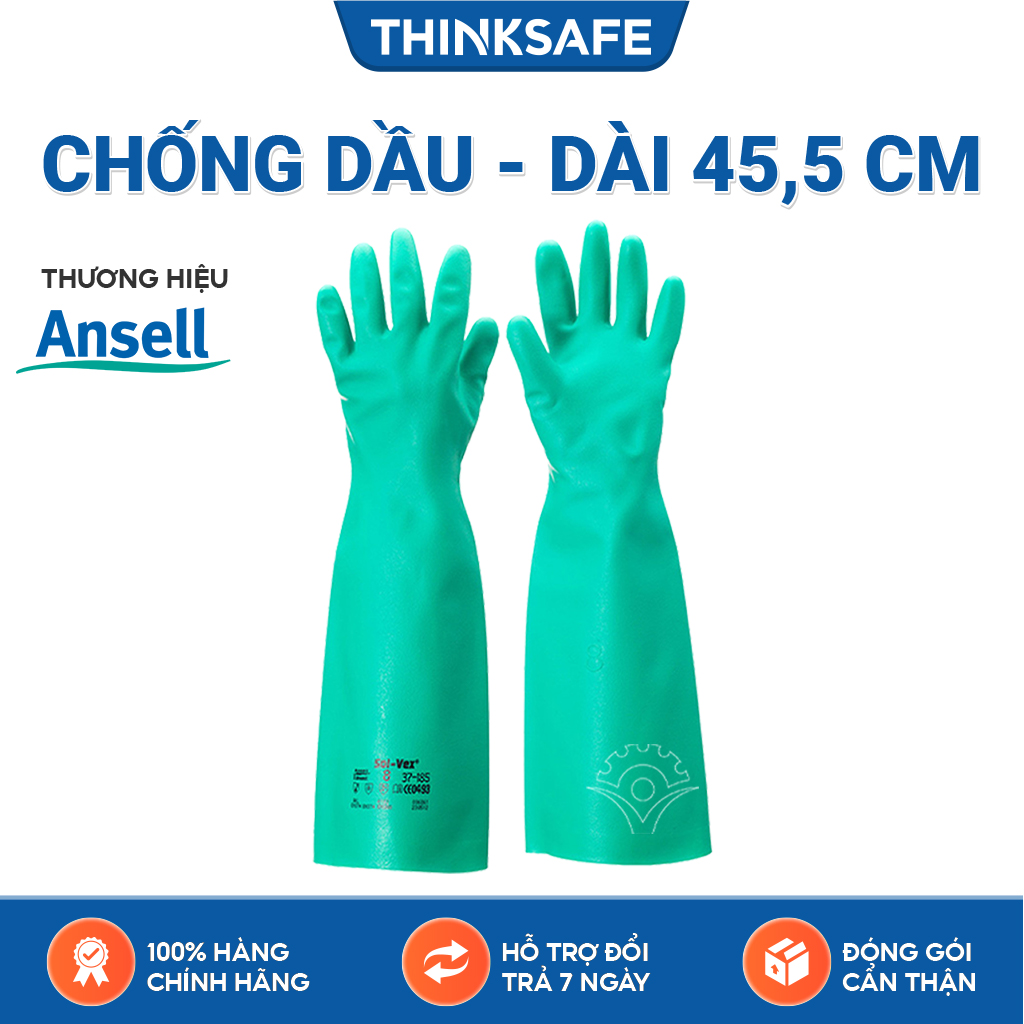 Găng chống hóa chất Ansell 37-185 găng tay cao su nitrile - chống hóa chất - axit - dầu nhớt siêu dài 45,5cm (Màu xanh)