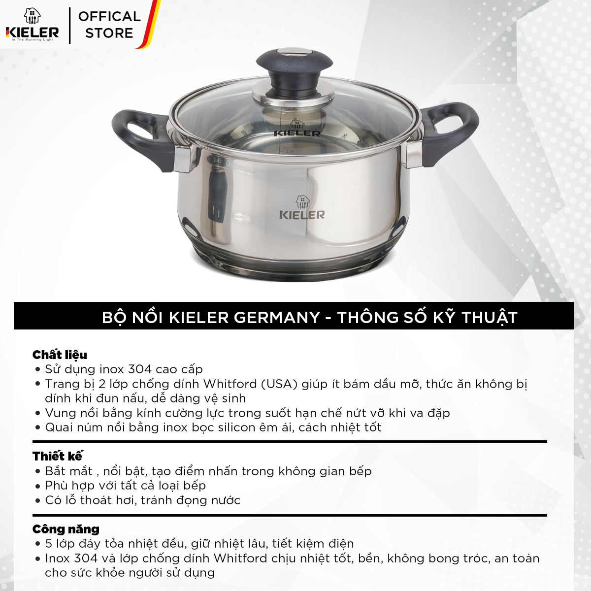 Nồi Inox 5 đáy KIELER đáy từ 20cm nấu nhanh, tiết kiệm điện, có 2 lớp chống dính Whitford ít bám dầu mỡ RW1222-20