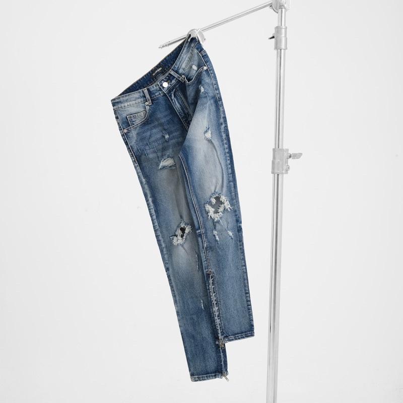 Quần Jean Nam TLB Xanh Blue Rách Gối Gắn Zipper YKK Khoá Kéo Ống Wash Màu Cực Đẹp