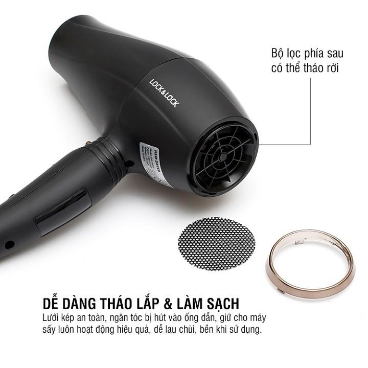 Máy sấy tóc Lock&amp;Lock ENA146BLK 2000W - Hàng chính hãng, chế độ nóng lạnh, kèm đầu dẹp tạo kiểu, công suất lớn - Hapos