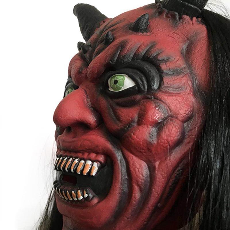 Mặt nạ đỏ 2 sừng kèm bộ tóc đen dài dùng trong hóa trang halloween,trung thu,sự kiện,lễ hội độc đáo
