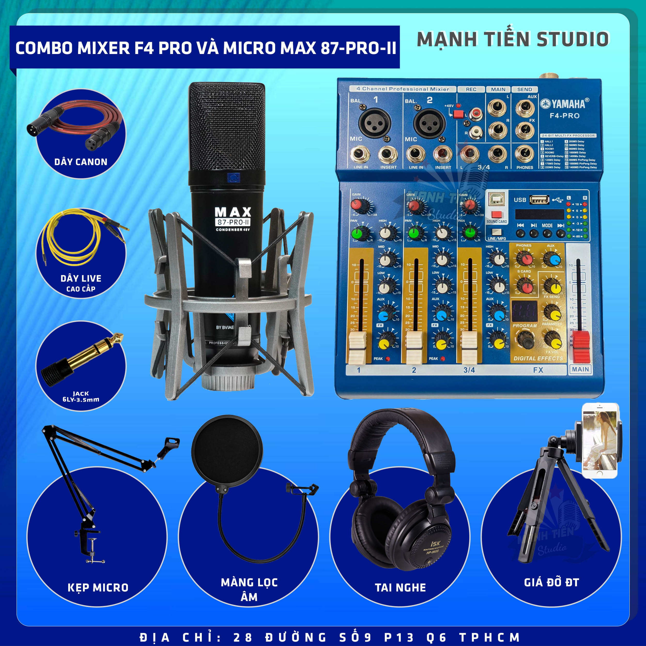 Combo thu âm, livestream Micro Max 87-Pro-II, Mixer F4 Pro - Kèm full phụ kiện tai nghe kiểm âm ISK HP-960B, kẹp micro, màng lọc, giá đỡ ĐT, dây canon, dây livestream - Hỗ trợ thu âm, karaoke online chuyên nghiệp - Hàng nhập khẩu