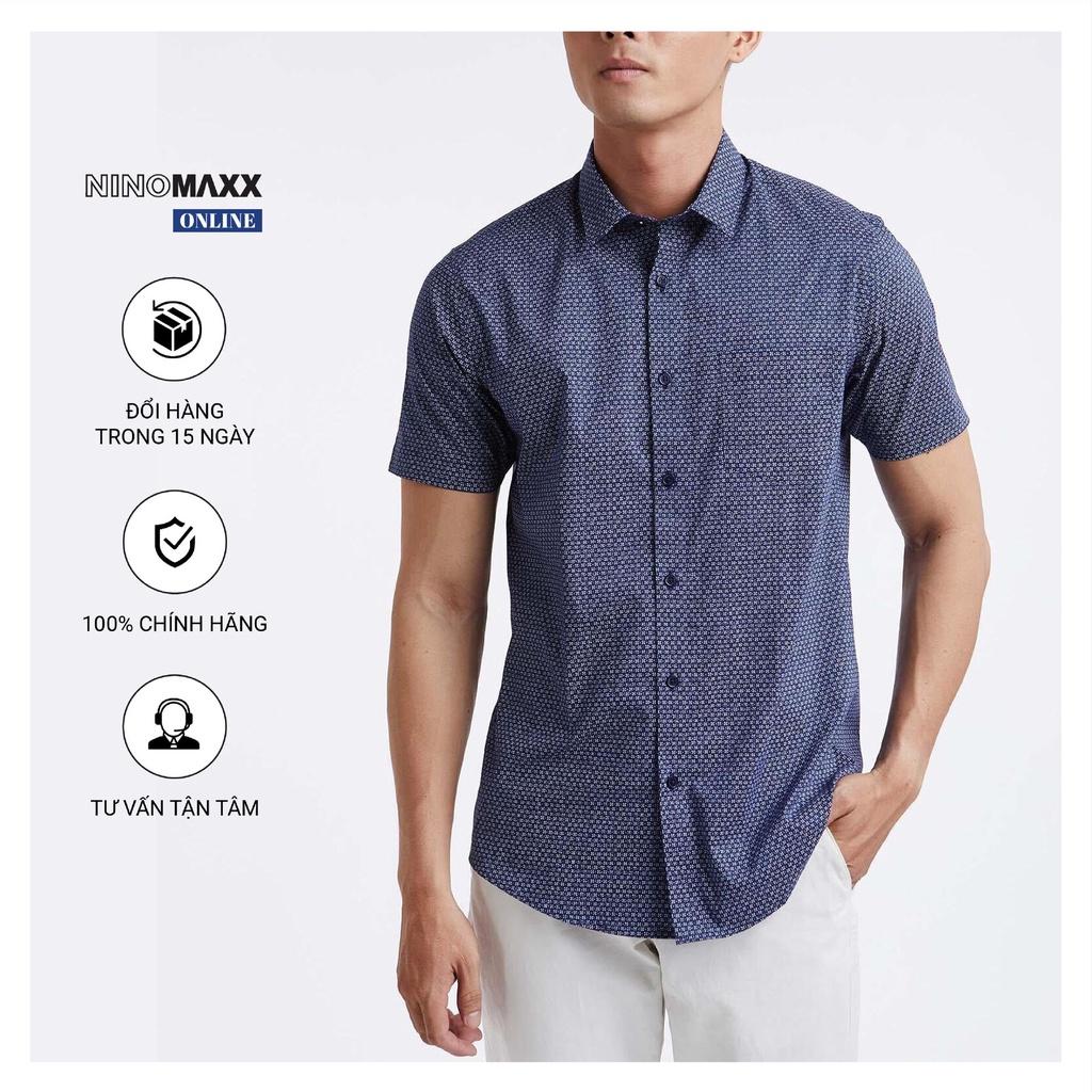N&amp;M Áo Sơ Mi Nam ngắn tay cổ bẻ màu xanh than có họa tiết sọc 100% cotton 1910133