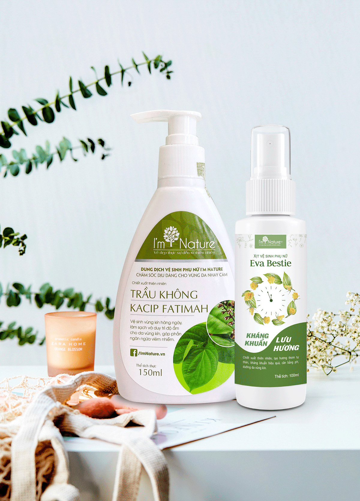 Bộ Sản Phẩm Chăm Sóc Vùng Kín Phụ Nữ I’M NATURE - Dung dịch vệ sinh phụ nữ I'M NATURE 150ml + Xịt vệ sinh phụ nữ Eva Bestie I’M NATURE 100ml