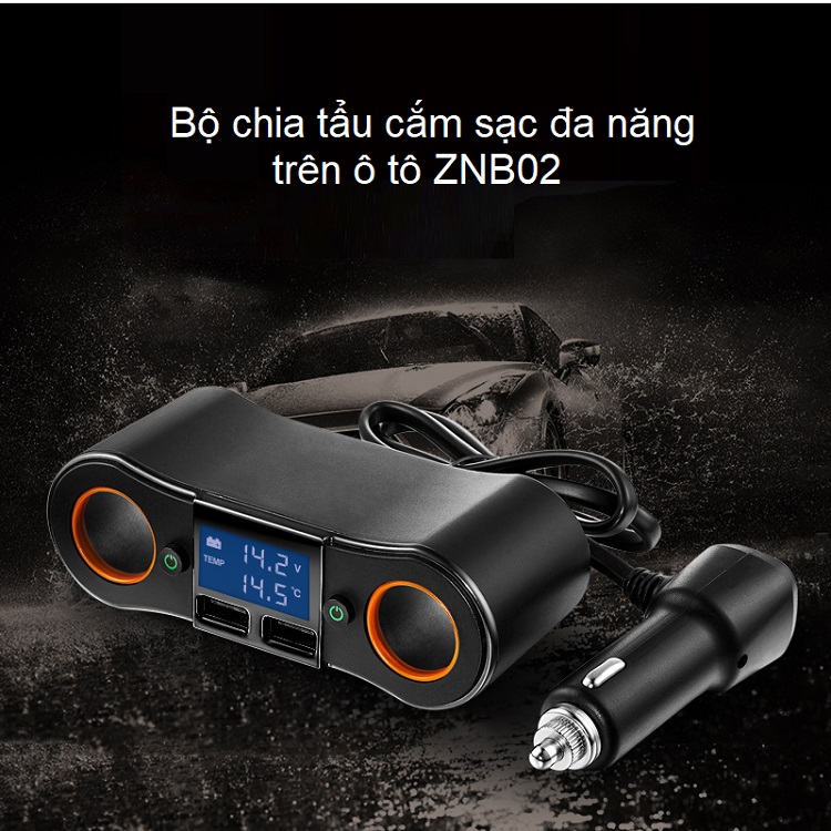 Bộ chia tẩu sạc thông minh trên ô tô đa năng 2 cổng USB -2 cổng cắm tẩu tiện lợi ZNB02 (Tặng 2 nút kẹp giữ dây điện -màu ngẫu nhiên)