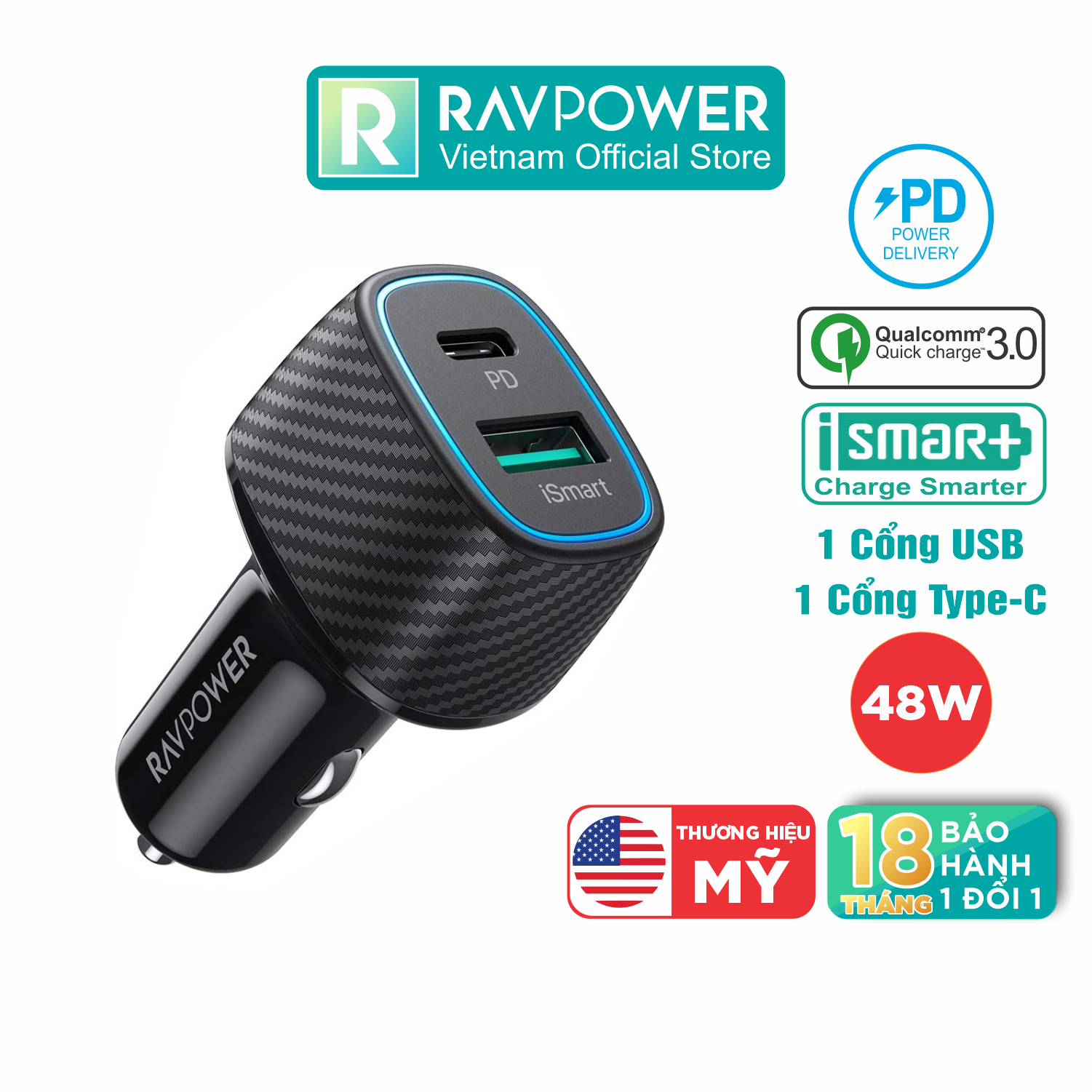 Củ Sạc Điện Thoại Trên Ô Tô 48W PD 30W QC 3.0 1 Cổng Type-C Và 1 Cổng USB-A RAVPower RP-VC019 - Hàng Chính Hãng