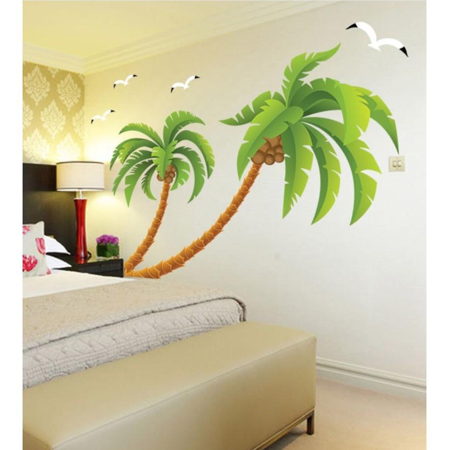 Decal trang trí tường - Cây Dừa Bãi Biển Xanh Lá size lớn