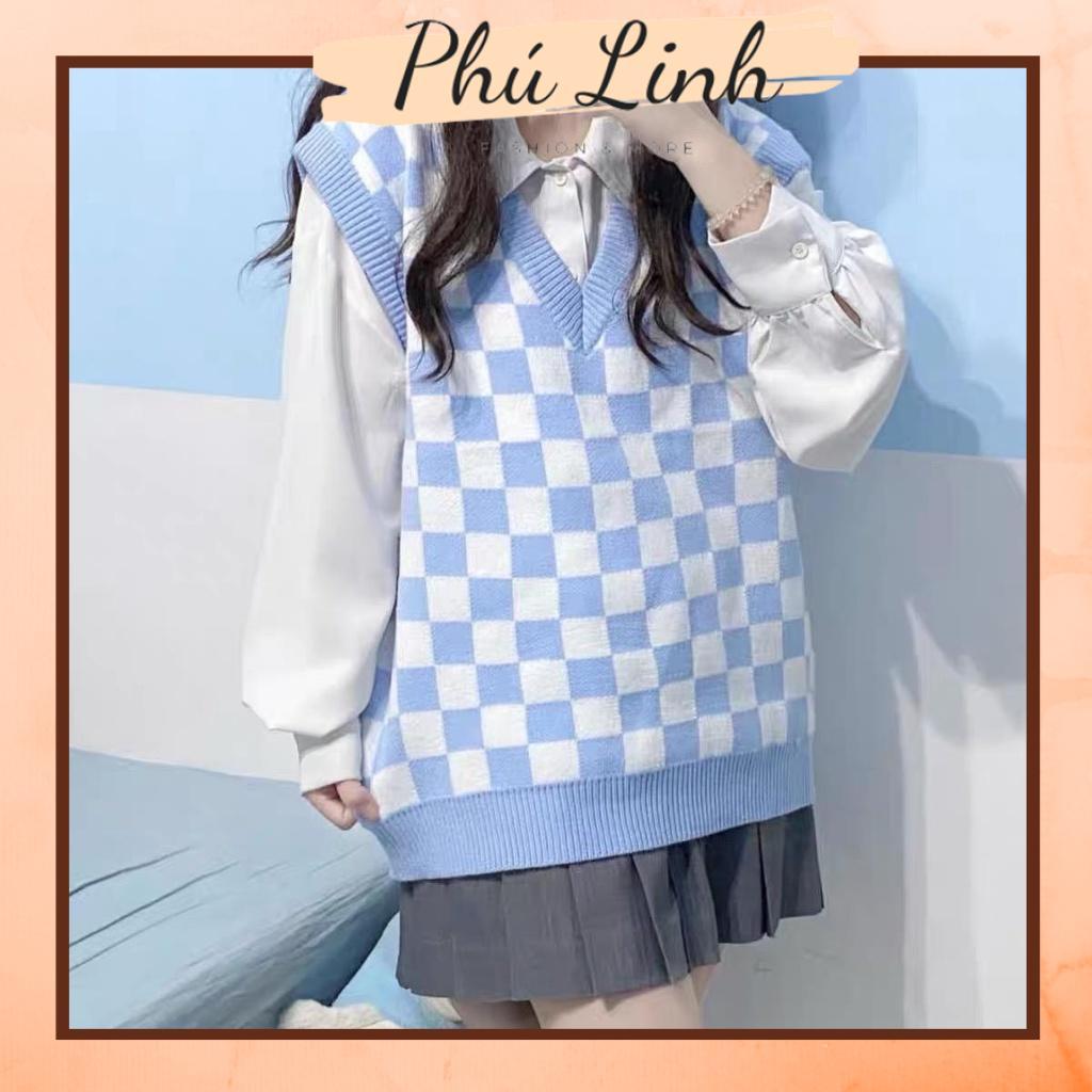 MS871 Áo gile len nữ kẻ caro cổ tim Hàn Quốc