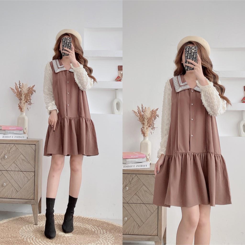 Váy suông đuôi cá phối cổ ren, đầm xuông tay voan phủ lông freesize 2 màu đen, nâu mã V40 - Michi's House