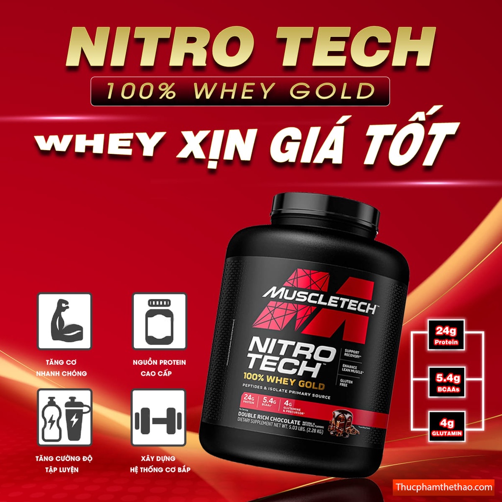 Sữa tăng cơ NITRO TECH 100% WHEY GOLD Hộp 5lbs (2.3kg) Hỗ Trợ Tăng Cơ, phục hồi, phát triển cơ bắp - KÈM QUÀ TẶNG - Hàng Chính Hãng USA