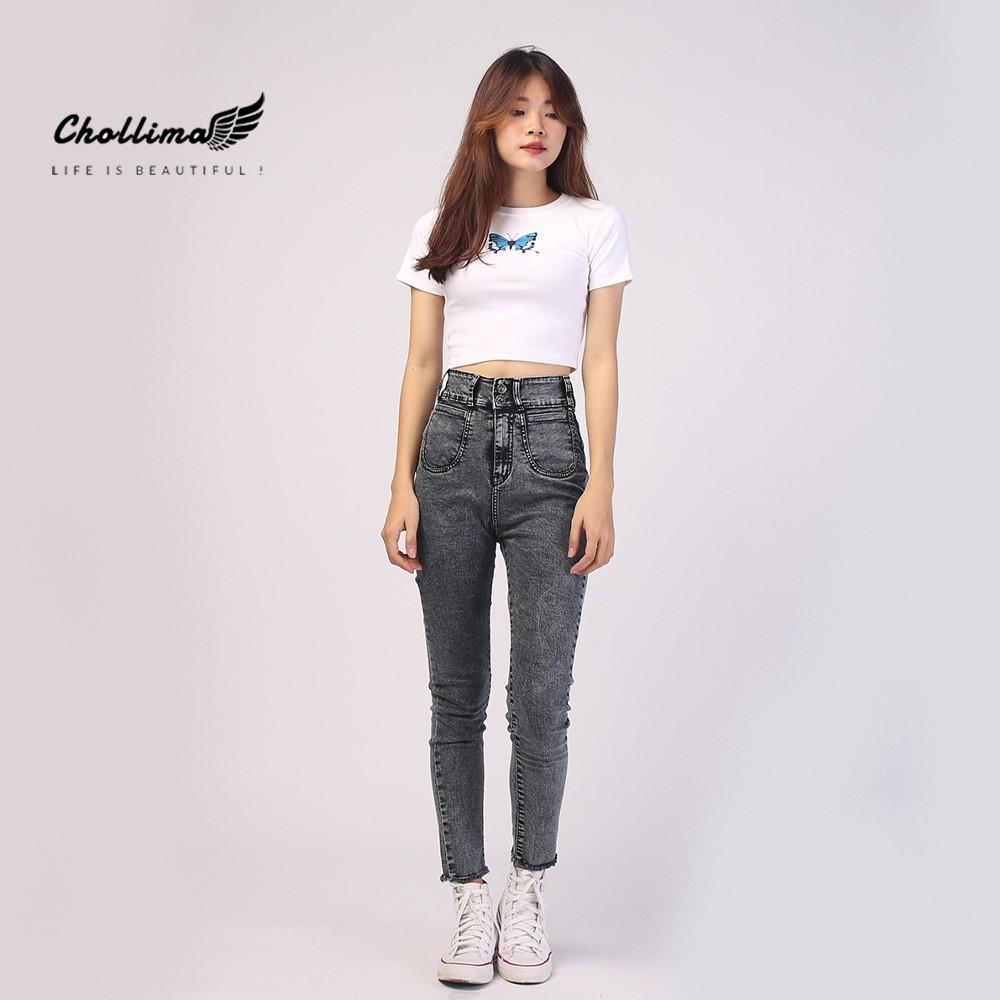 Quần dài jeans nữ co giãn Chollima cạp siêu cao khoét 2 túi màu xám QD006 – quần bò nữ