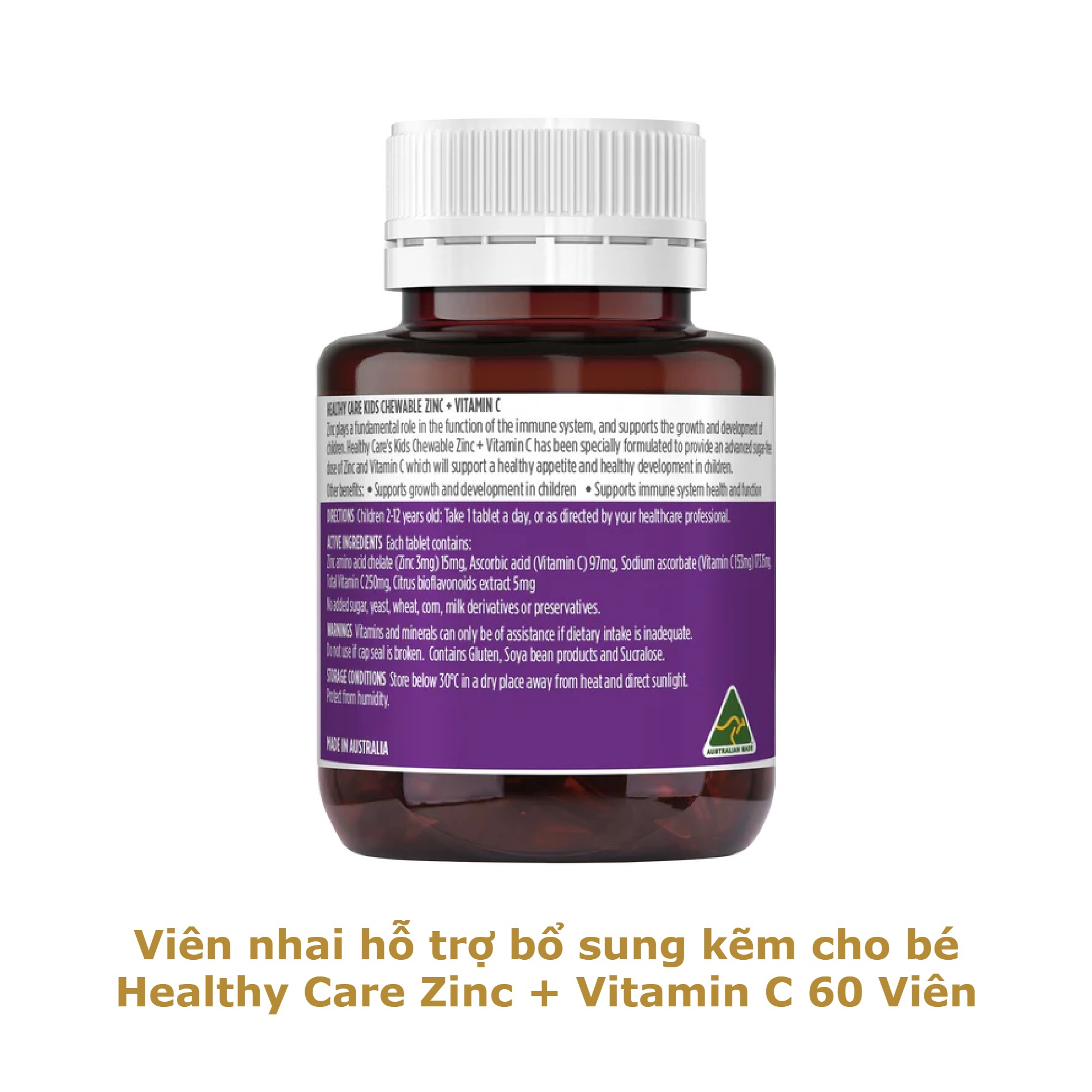 Viên nhai hỗ trợ bổ sung kẽm cho bé Healthy Care Zinc + Vitamin C 60 Viên