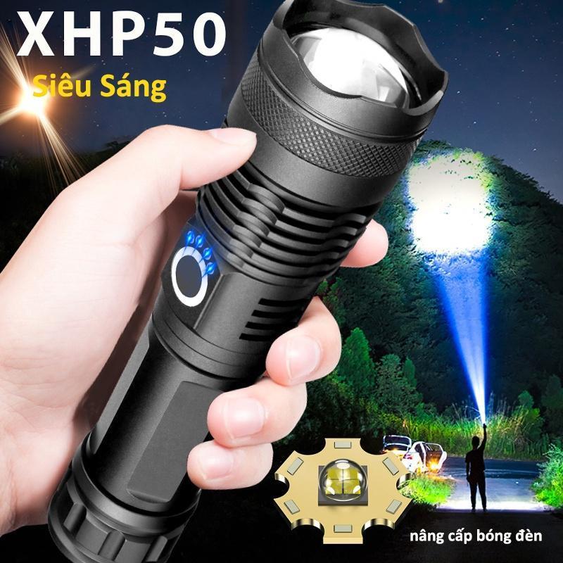 Đèn pin siêu sáng XHP50 bản cao cấp đèn led chiếu xa chống nước, chiếu xa 300m, sạc pin tiện lợi Độ sáng 1800 lumens