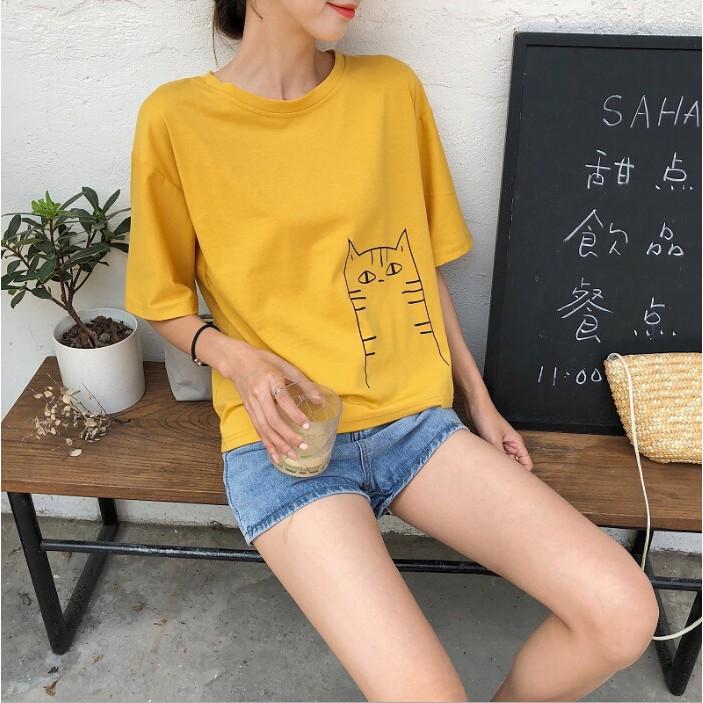 Áo thun nữ tay ngắn in hình mèo