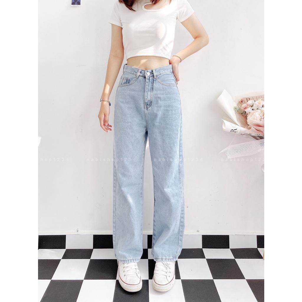 Quần Ống Rộng Suông Nữ Lưng Cao Vải Jeans Trơn Mã 3100 + 3121 (ẢNH THẬT) - Nabishop1234