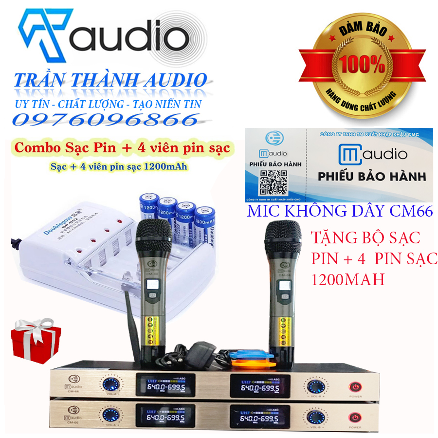 Micro không dây CM-66 hàng chính hãng CMAUDIO nhập khẩu 2024 tặng chống lăn và 4 quả pin bảo hành 12 tháng