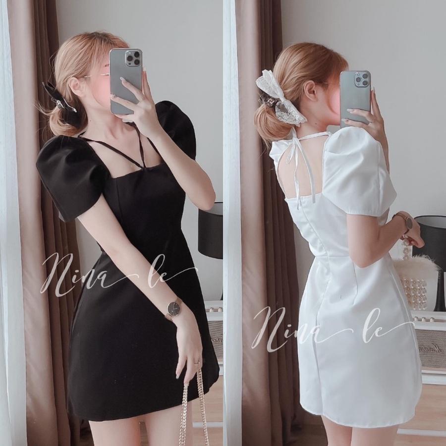 Đầm cổ vuông tay phồng, đầm trắng hở lưng yếm giả điệu đà nữ tính thời trang nữ