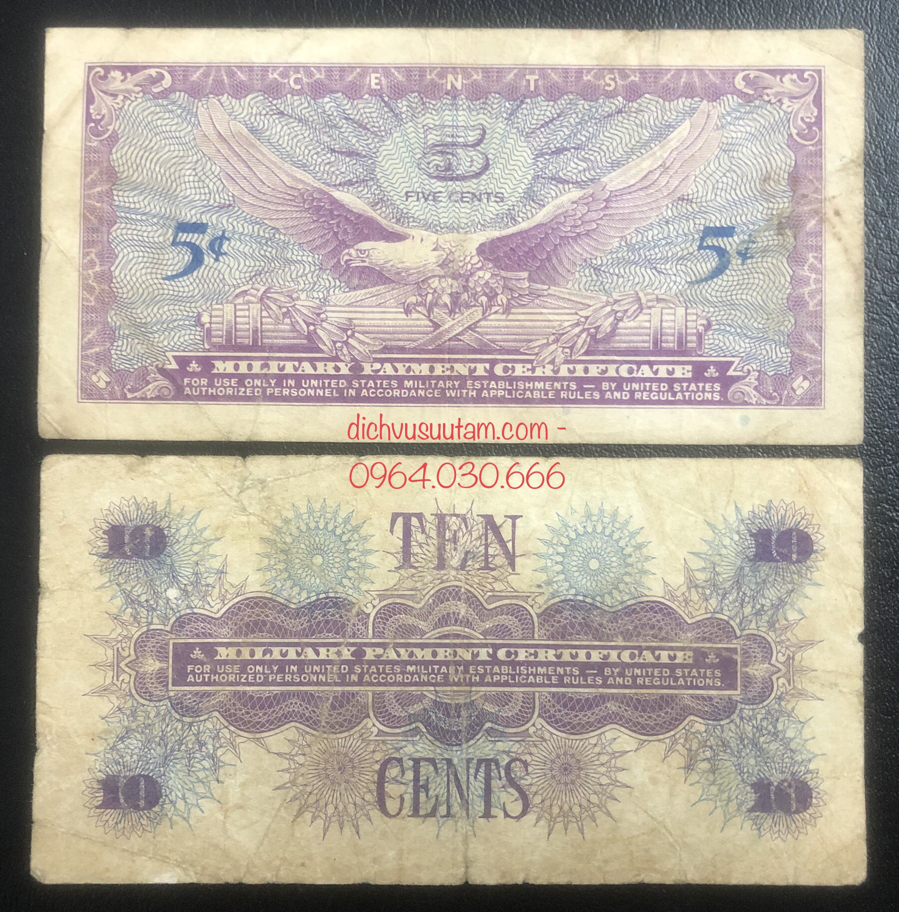 Combo 2 tờ tiền MPC 5 cents và 10 cents quân đội Hoa Kỳ mang sang Việt Nam sử dụng trong chiến tranh, kèm phơi bảo quản