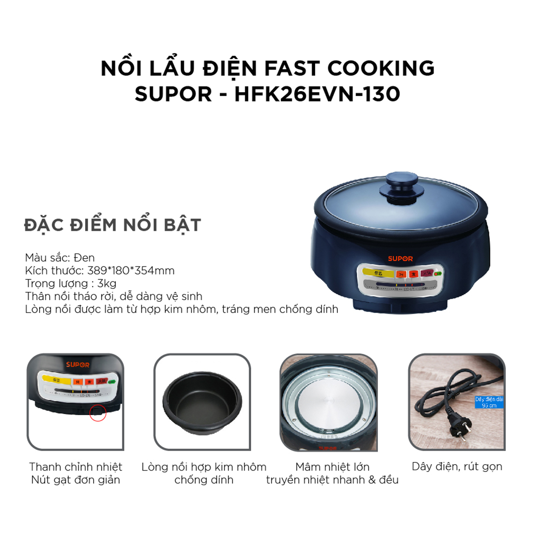 (HÀNG CHÍNH HÃNG) Nồi lẩu điện Fast Cooking Supor HFK26EVN-130 - 4L, 1300W