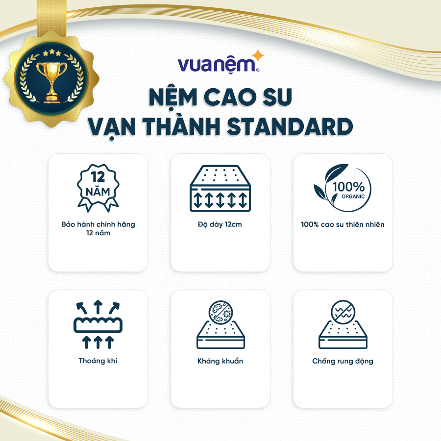 Nệm 100% cao su thiên nhiên Vạn Thành Standard nâng đỡ cơ thể, không gây dị ứng