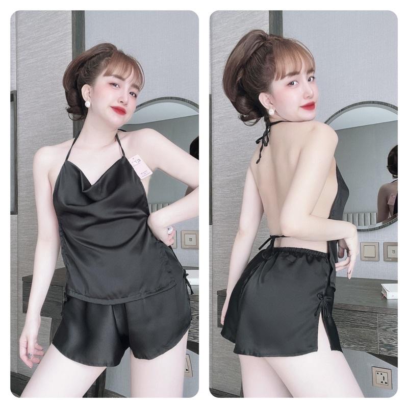 Đồ Ngủ Lụa 2 Dây Sexy Nữ, Bộ Ngủ Nữ lụa satin yếm cổ đổ, Freesize 40_58kg, tuỳ chiều cao