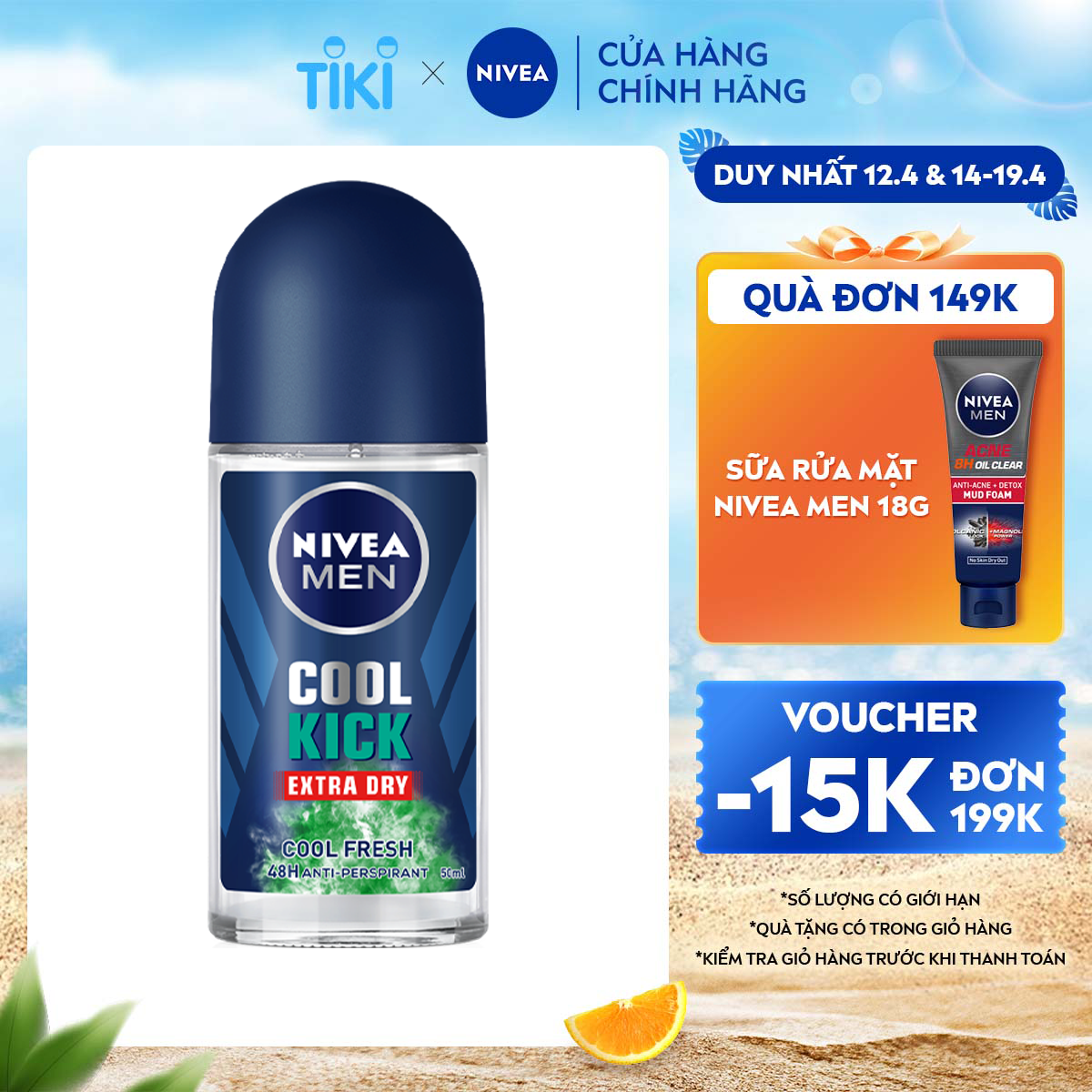 Lăn ngăn mùi NIVEA MEN Cool Kick Mát Lạnh - Siêu Khô Thoáng (50ml) - 83188