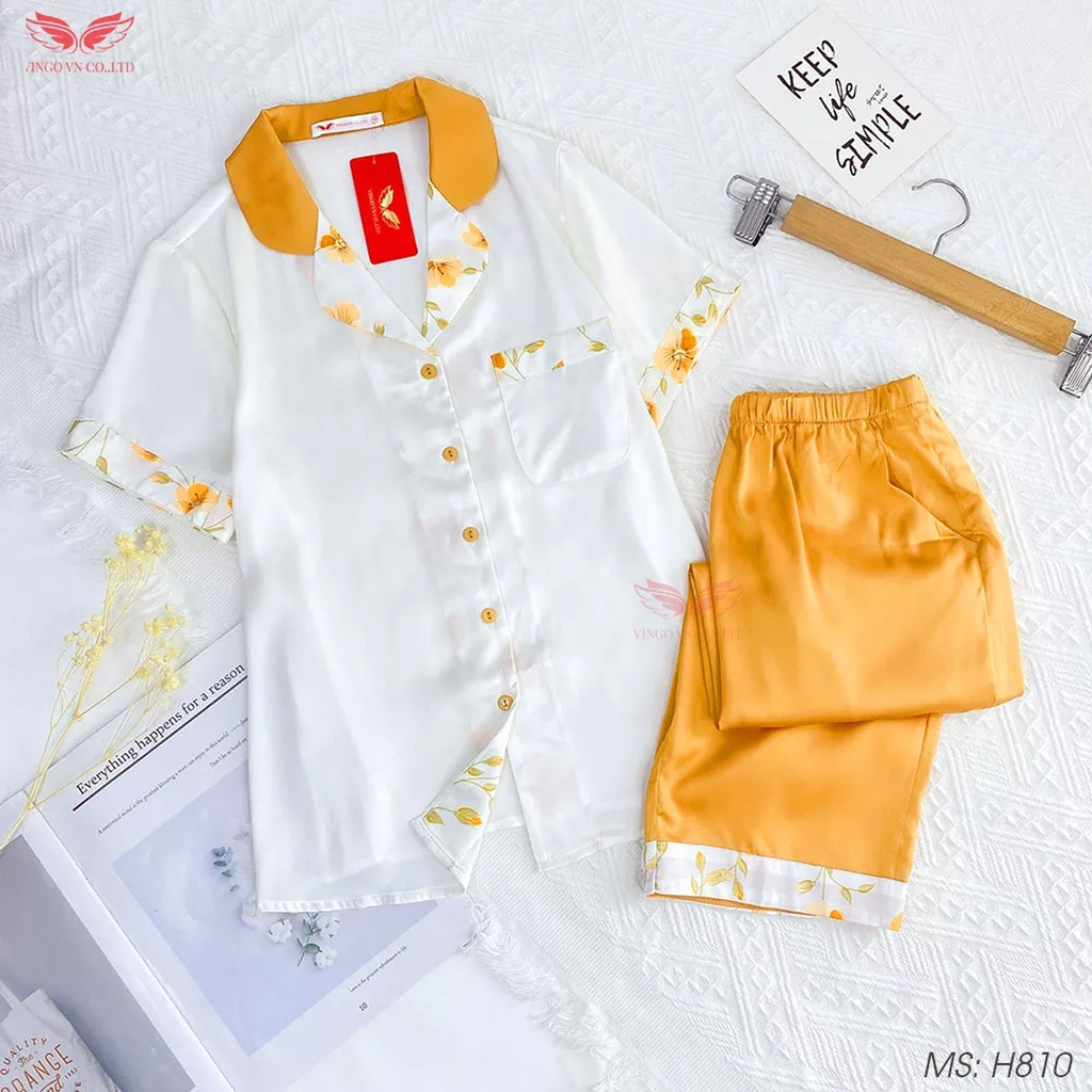 Đồ bộ nữ mặc nhà Pijama VINGO lụa Pháp tay ngắn quần lửng phối viền hoa quần màu vàng trẻ trung hiện đại H810 VNGO