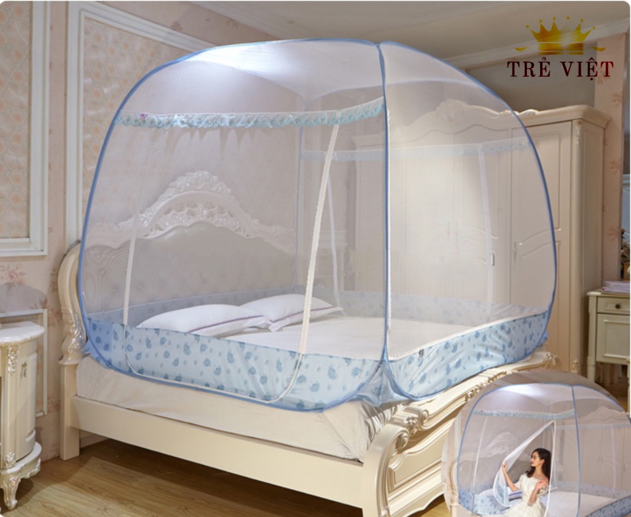 Màn chụp tự bung đỉnh vuông, giá xưởng ️FREESHIP️ hàng việt nam 100% - mùng tự bung cao cấp - Viền Chân Xanh