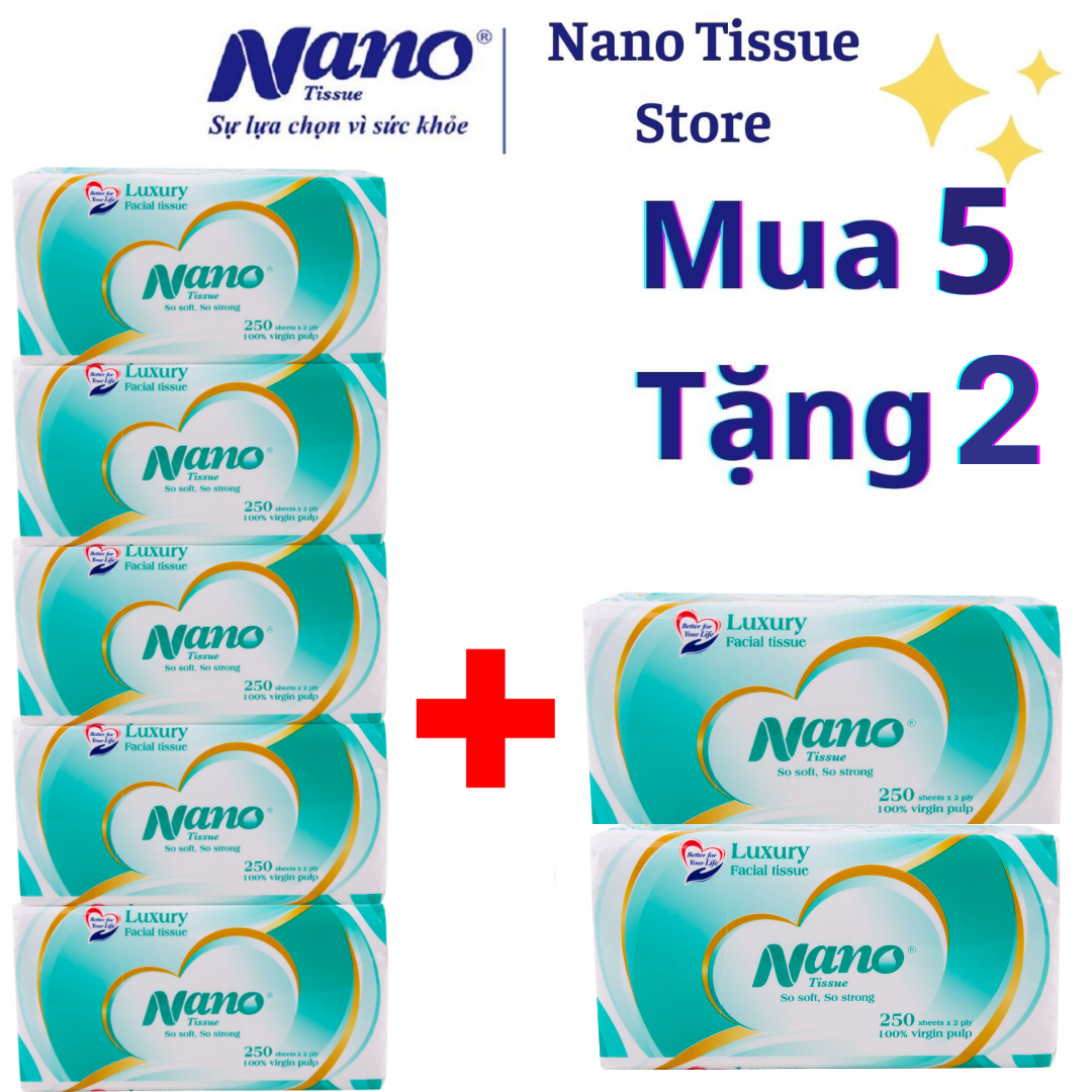 MUA 5 TẶNG 1 Combo 5 gói khăn giấy rút lụa Nano 250 tờ 2 lớp, giấy ăn cao cấp, không chất tẩy trắng, an toàn cho người dùng