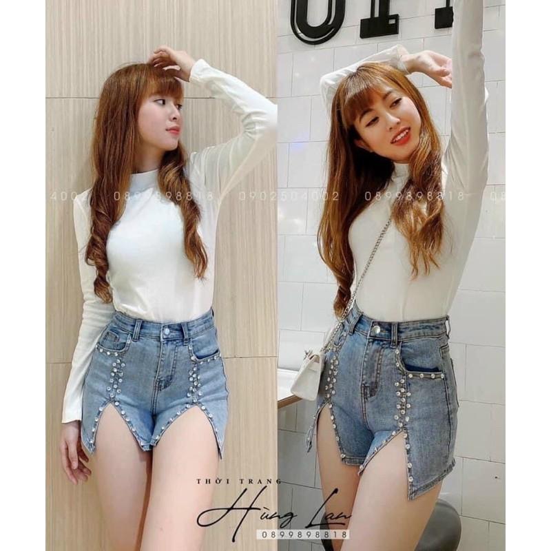 Quần jeans đùi xẻ điinhs đá chất jeans xịn-T