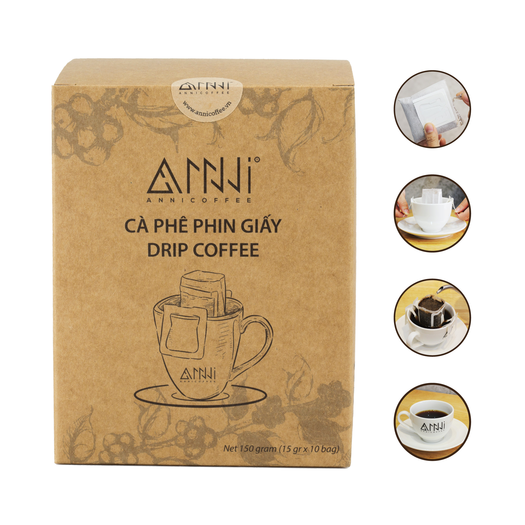 Cà Phê Phin Giấy (Hộp 10 gói x 15Gr) 100% Arabica &amp; Robusta nguyên chất Kèm gói đường bên trong- Drip Bag Coffee - Cà Phê Tiện Lợi - Cà Phê Phin Giấy (150g) - ANNI Coffee