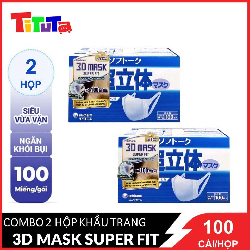 Bộ 2 Hộp Khẩu trang ngăn khói bụi Unicharm 3D Mask Super Fit size M (Ngăn được bụi mịn PM10) 100 miếng