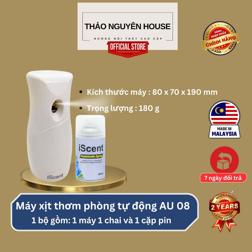 Bộ Máy xịt phòng tự động Iscent AU-08 + Bình xịt phòng Iscent + Pin