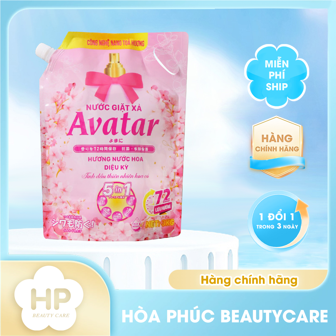 Nước Giặt Xả Avatar 5 Trong 1 Lưu Hương 72h 2 Mùi Hương (Túi 3kg)