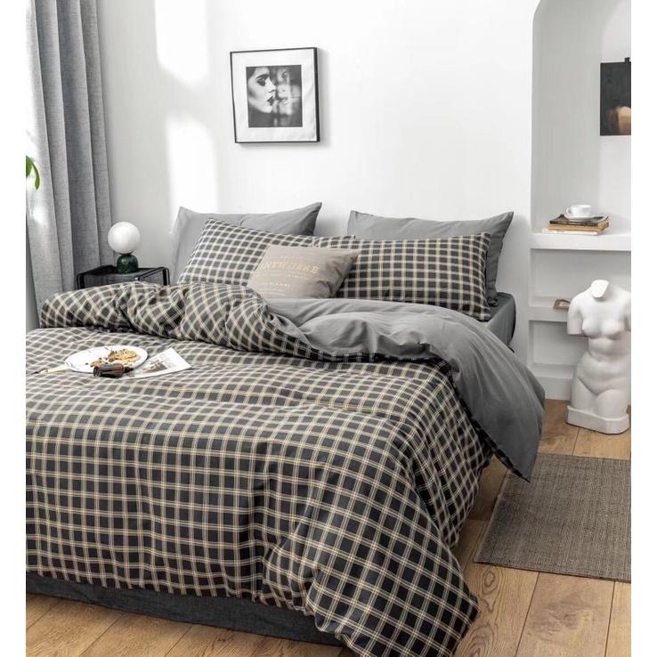 Set Cotton Living 100%cotton Hàng Nhập Khẩu 4 Món Kẻ Đen Vàng Đơn Giản