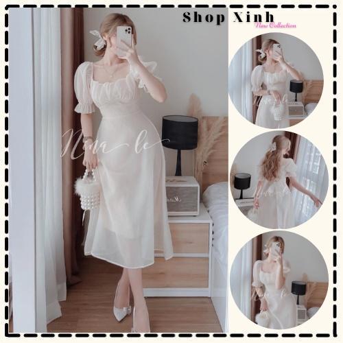 Váy babydoll tiểu thư voan tơ cổ vuông nơ lung, đầm trễ vai công chúa phong cách ulzzang hàn quốc