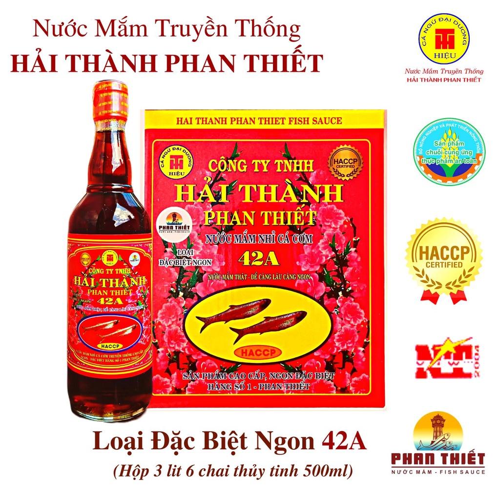 [Hộp 42A + 43A] Nước Mắm Cá Cơm Truyền Thống Hải Thành Phan Thiết, Nước mắm cá cơm nguyên chất không Ure gây hại, chất bảo quản, đạm cá cơm thuần tự nhiên, ưa dùng khẩu vị người Việt. Sản phẩm đã được chứng nhận an toàn, tốt cho sức khỏe HACCP