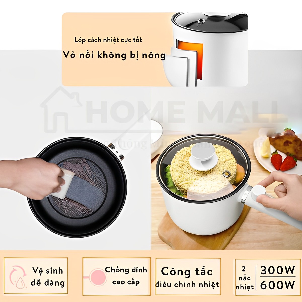 Nồi điện đa năng chống dính cao cấp, nồi lẩu điện mini 2IN1, chảo điện thông minh tiện lợi Homea2z công suất 600W