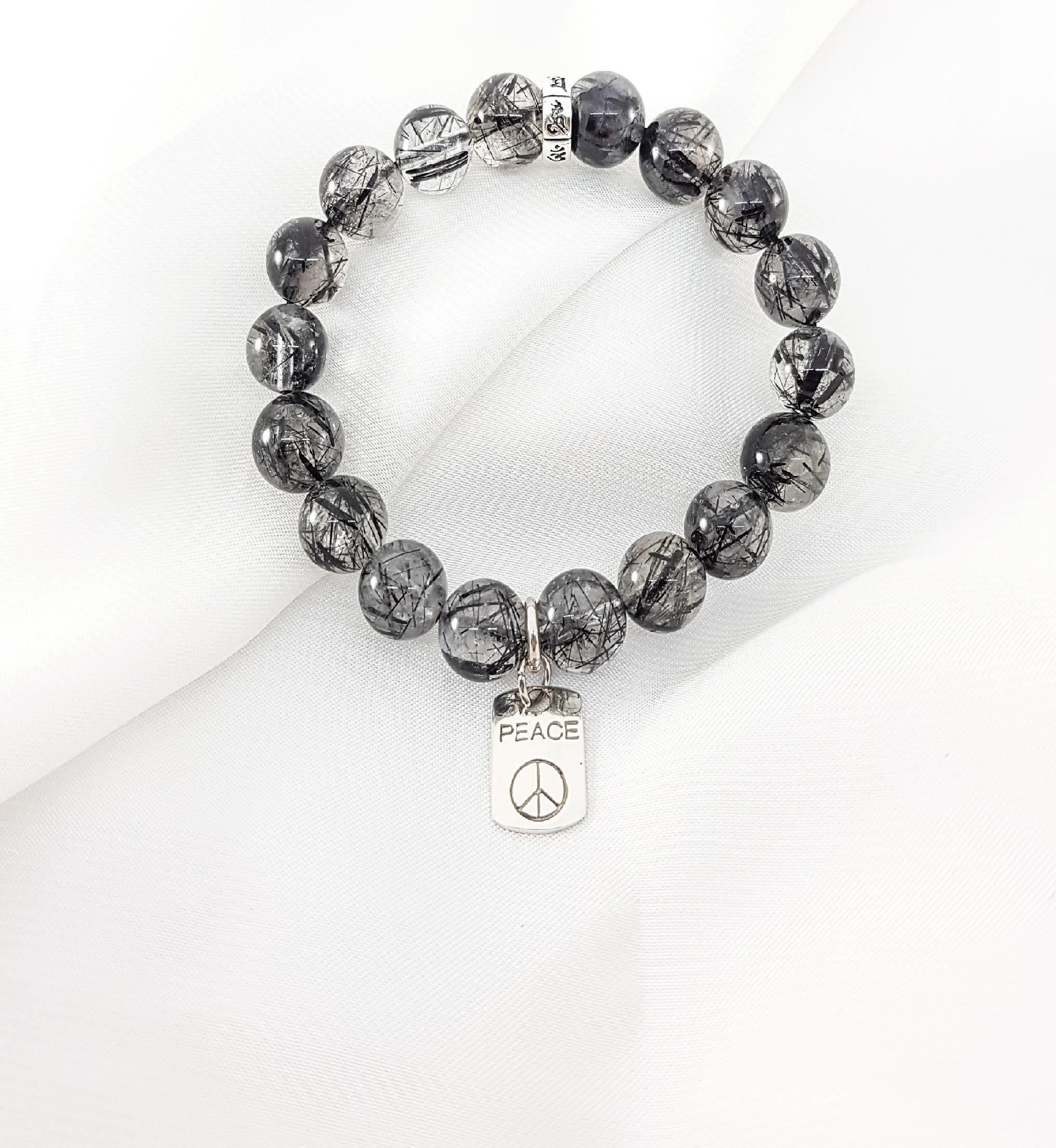 Vòng tay nam mệnh kim, thủy đá thạch anh tóc đen mix charm PEACE