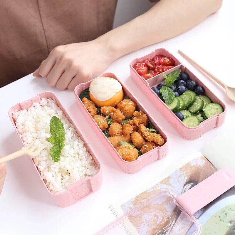 Hộp Cơm Văn Phòng Giữ Nhiệt Kèm Muỗng Tiện Dụng - Hộp Cơm Lúa Mạch Lunch Box 3 Tầng 900ml