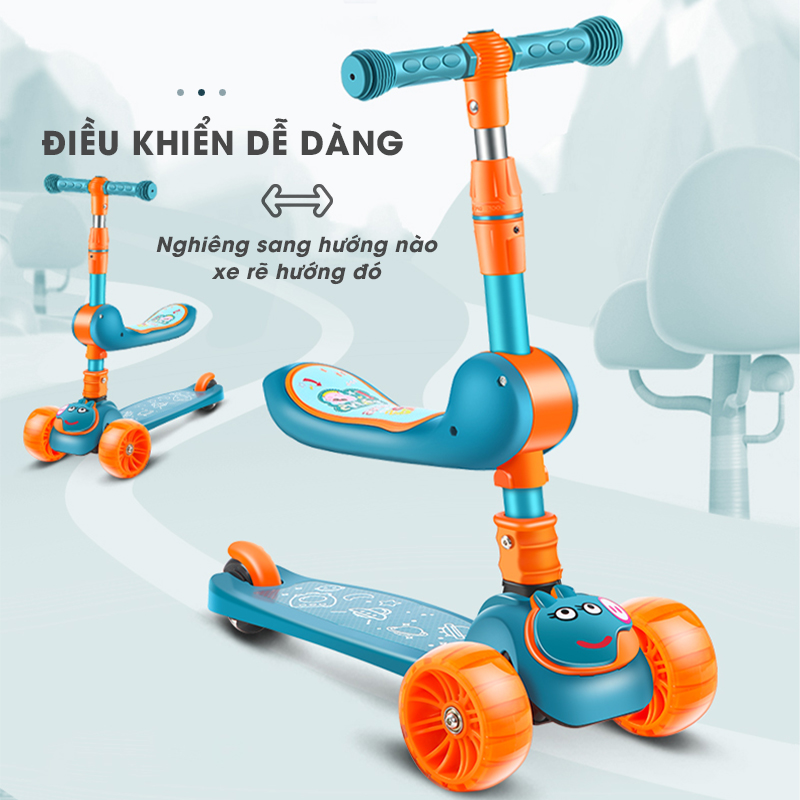 Xe trượt scooter 3 bánh cao cấp dành cho bé, phát nhạc, bánh xe phát sáng vĩnh cửu, rèn luyện vận động, tăng chiều cao cho bé, chịu lực lên tới 90kg