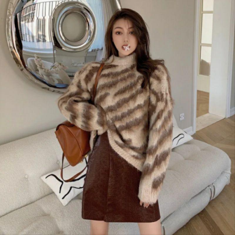 Áo len nữ lông thỏ họa tiết vệt vằn, áo len nữ ulzzang BUBUSHOP