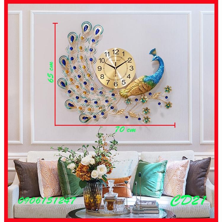 Đồng hồ treo tường trang trí decor chim công CD21 Khổng Tước xanh kích thước 70 x 65 cm