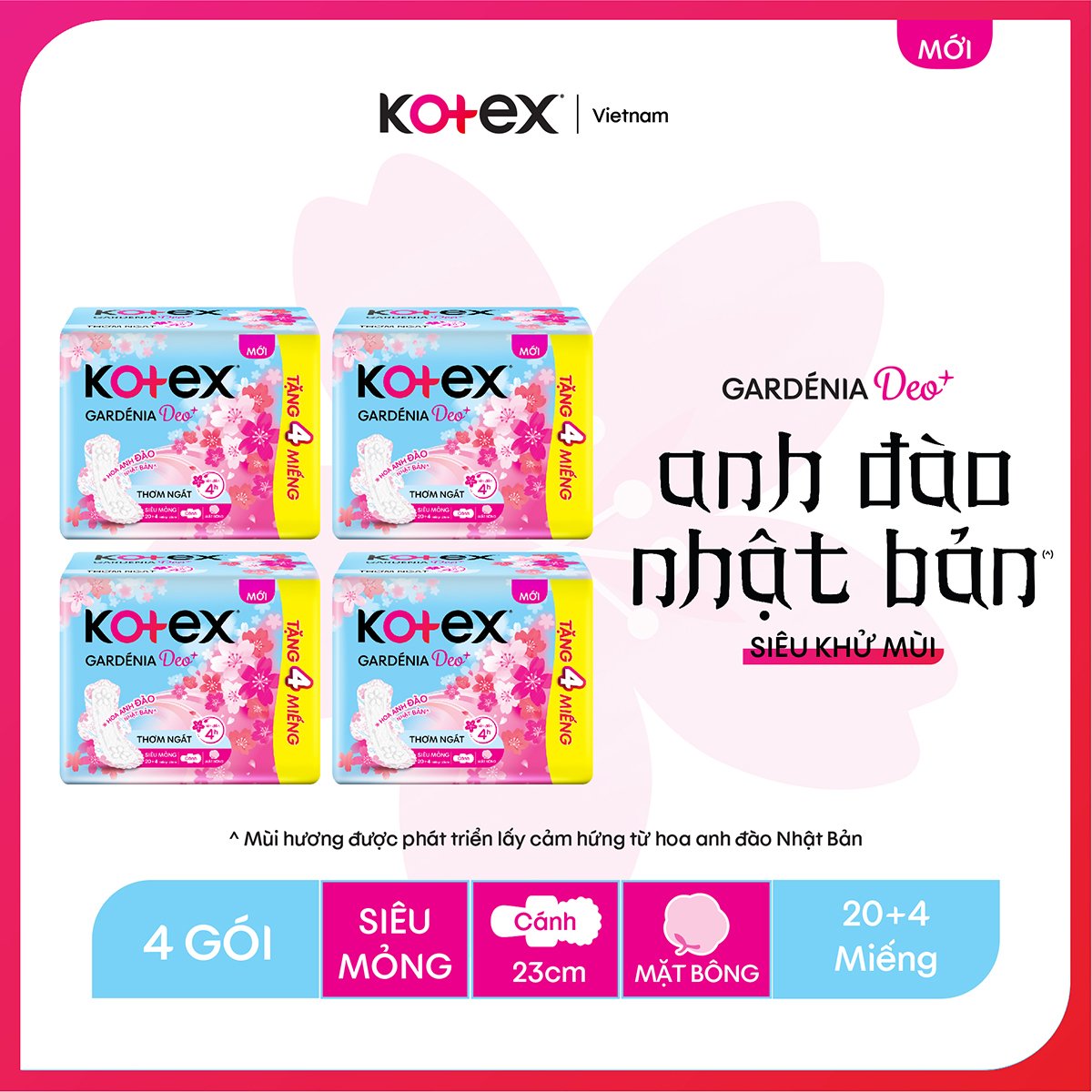 [Mới] Combo 4 Gói BVS Kotex Gardenia Deo+ Hương Hoa Anh Đào, Mặt Bông, Siêu Mỏng Cánh, Gói (20+4) Miếng