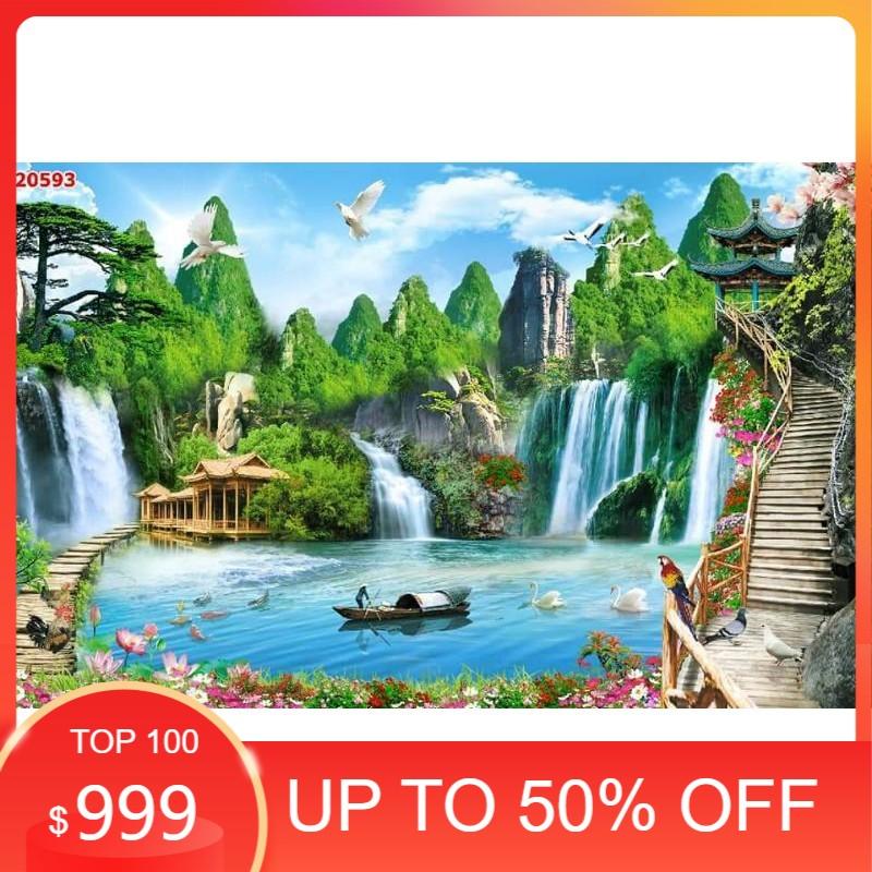 Tranh dán tường 3D sơn thủy hữu tình , phong cảnh, thác nước nhận in theo kích thước yêu cầu