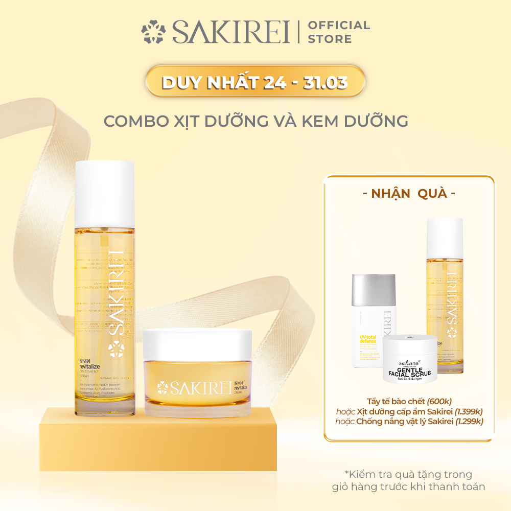 Combo Xịt NMN, HA Sakirei &amp; Kem dưỡng da Sakirei NMN Revitalize từ Nhật Bản