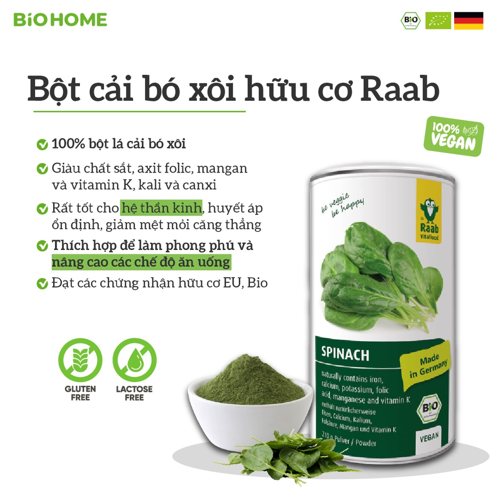 Bột Cải Bó Xôi Hữu Cơ Raab (210g)