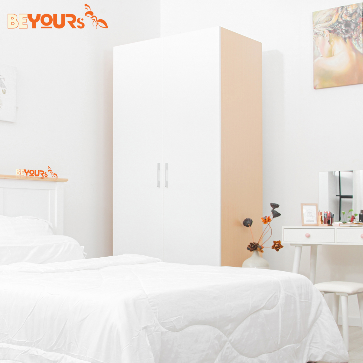 Tủ Quần Áo Gỗ Cửa Mở BEYOURs Mina 2 Cánh Màu Trắng Phối Gỗ Hiện Đại Thiết Kế Nhiều Ngăn Tiện Dụng