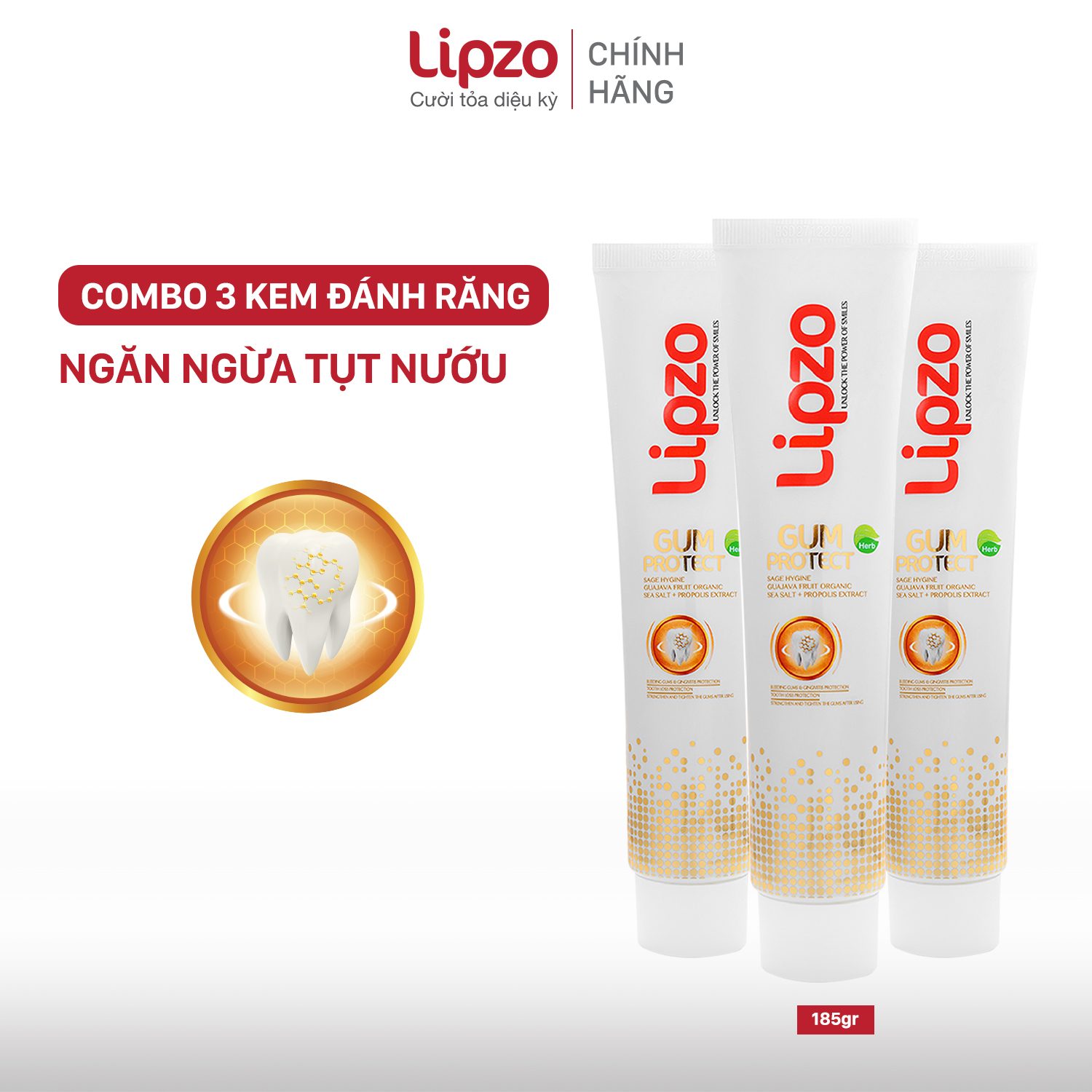 Combo 3 Kem Đánh Răng Dược Liệu Lipzo Gum Protect Chống Tụt Nướu 185g Ngăn Ngừa Chảy Máu Chân Răng, Khử Khuẩn, Răng Chắc Khỏe